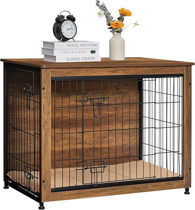 DWANTON Dog Crate Furniture with Cushion, Wooden Dog Crate with Double Doors, Dog Furniture, Indoor Dog Kennel，End Table, Medium, 32.5" L, Warm Brown