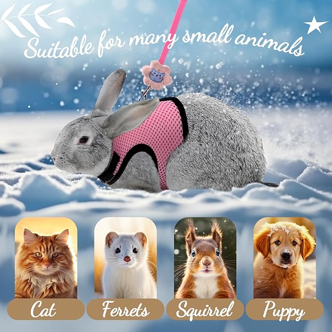 Rabbit Harness and Leash Set with 2 Cute Decorations Soft Adjustable Buckle Breathable Mesh Vest Harness for Rabbits Ferret Small Pig Puppy Walking Supplies (Pink,Cute Pattern)