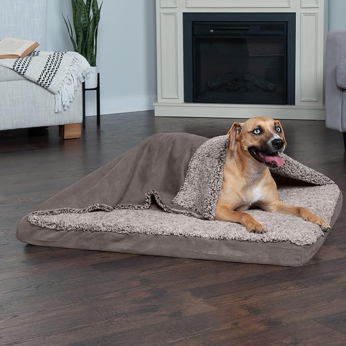 Furhaven Memory Foam Dog Bed for Large/Medium Dogs w/ Removable Washable Cover, For Dogs Up to 55 lbs - Berber & Suede Blanket Top Mattress - Gray, Large