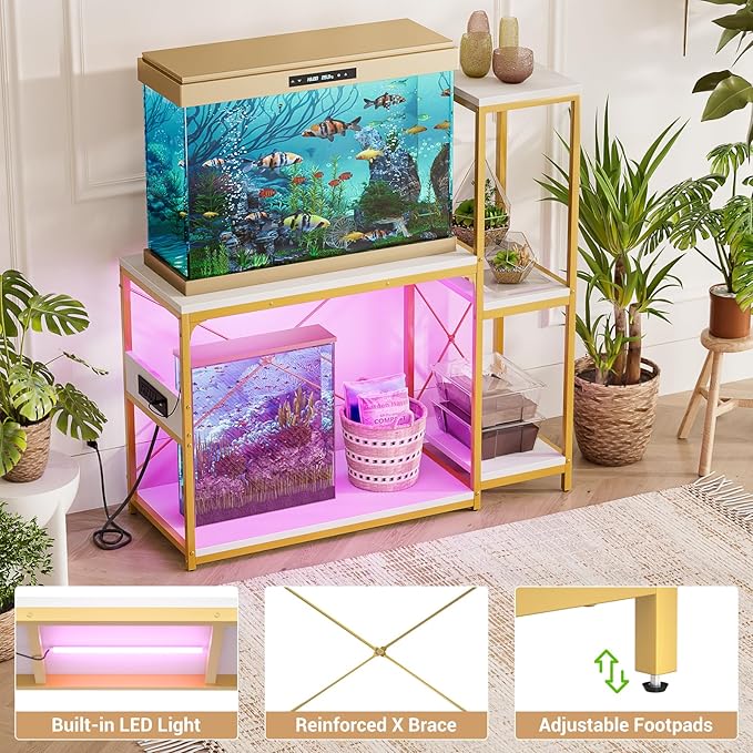 20-29 Gallon Fish Tank Stand with Power Outlet & LED Light, Reversible Wood Aquarium Stand with Shelves for Fish Tank Accessories Storage, Metal Frame, Reptile Terrarium Stand, White and Gold