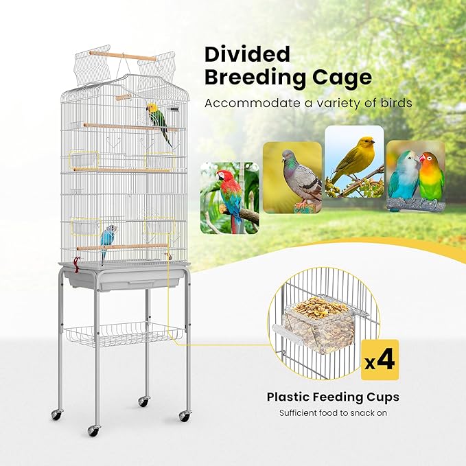 VIVOHOME 64 Inch Bird Cage with Play Top and Rolling Stand for Parrots Conures Lovebird Cockatiel Parakeets Gray