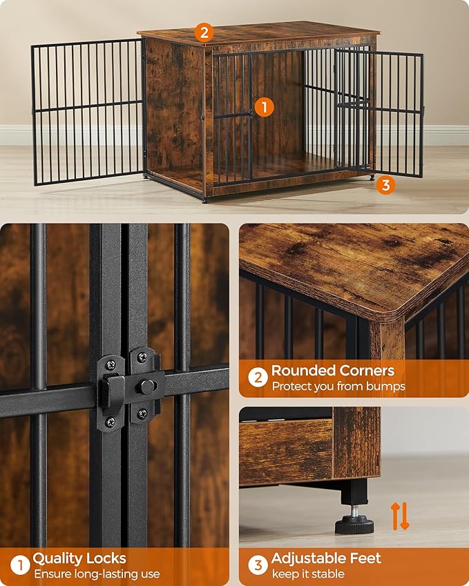 Feandrea Dog Crate Furniture, Side End Table, Modern Kennel for Dogs Indoor up to 80 lb, Heavy-Duty Dog Cage with Enclosed Base, Double-Door Dog House, Rustic Brown UPFC024X01