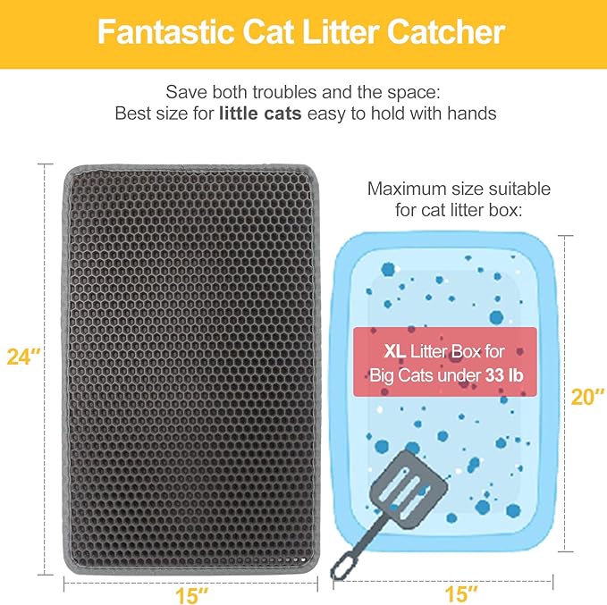 Cat Litter Mat Grey Trapping for Litter Box, No Slip & Large, Urine & Waterproof, Honeycomb Double Layer Anti Tracking Kitty Mats, No Phthalate, Washable Easy Clean (24" x 15", Grey)