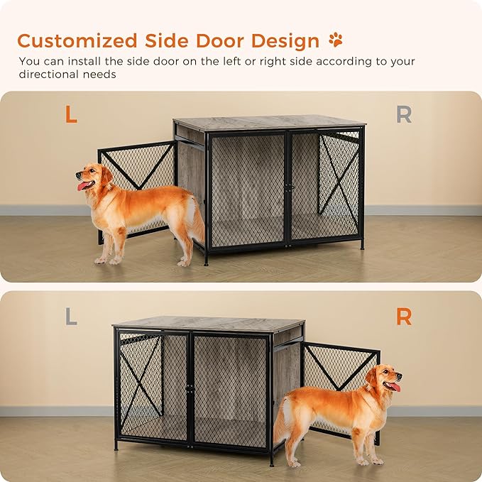 DWANTON Dog Crate Furniture, 42.5" L Three-Door Wooden Dog Kennel Indoor, Connectable expansion, Wooden Dog Crate Table for Small/Medium/Large Dog, Dog House, Dog Cage Large, Greige