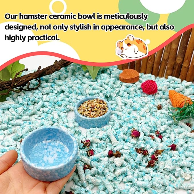 kathson 4 Pcs Hamster Food Bowl Guinea Pig Ceramic Water Bowl Small Animal Feeding Dish for Dwarf Hamster Gerbil Syrian Ferret Hedgehog Chinchilla Bunny (Blue)