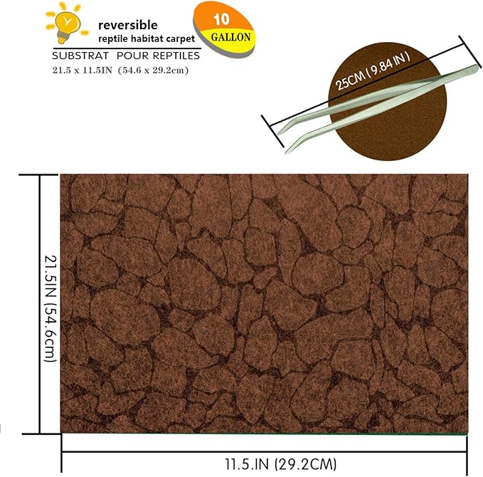 2PCS 21.5 x 11.5in Reptile Carpet 10Gallon,Pet Terrarium Liner,Reptiles Cage Mat/Substratefor Snakes, Chameleons, Geckos ands Kitchen Use with Tweezers Feeding Tongs