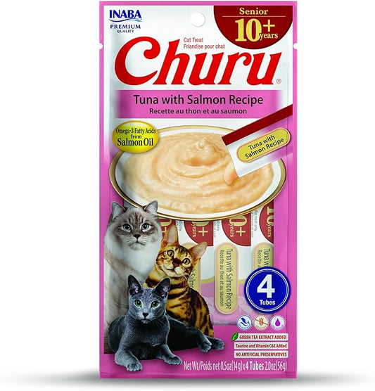 INABA Churu for Senior 10+, Creamy Lickable Cat Treats with Taurine, Vitamin E & C, 0.5 ounces Each, 24 Tubes (4 per Pack), Tuna with Salmon Recipe