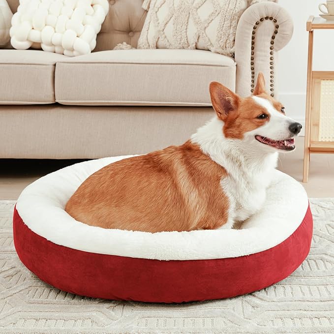 Love's cabin Round Donut Cat and Dog Cushion Bed, 25in Pet Bed for Small or Medium Dogs, Anti-Slip & Water-Resistant Bottom, Soft Durable Fabric Pet Beds, Washable Calming Cat & Dog Bed Red