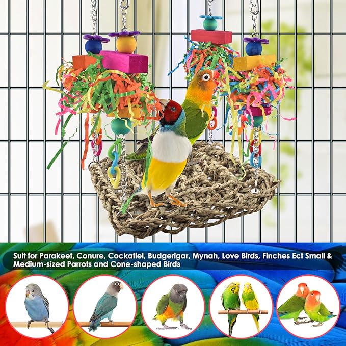 KATUMO Conure Toys, Bird Grass Swing Mat Parrot Climbing Hammock with Colorful Toys for Parakeet, Cockatiel, Sun Conure, Lovebird, Budgie, Small Birds