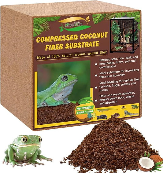 ZeeDix 10LB Compressed Coconut Fiber Substrate, 100% Organic Coco Coir Fiber Brick Husk Substrate Bedding for Reptiles, Geckos, Lizards, Tortoises, Ball Python, Frogs