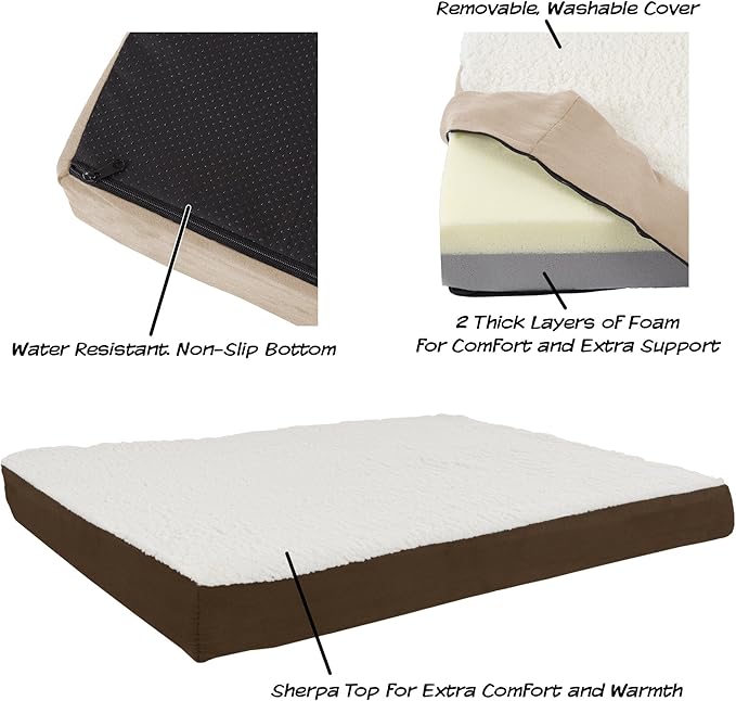 Orthopedic Dog Bed - 2-Layer Memory Foam Crate Mat with Machine Washable Sherpa Cover - 36x27 Pet Bed for Large Dogs Up to 65lbs by PETMAKER (Brown)