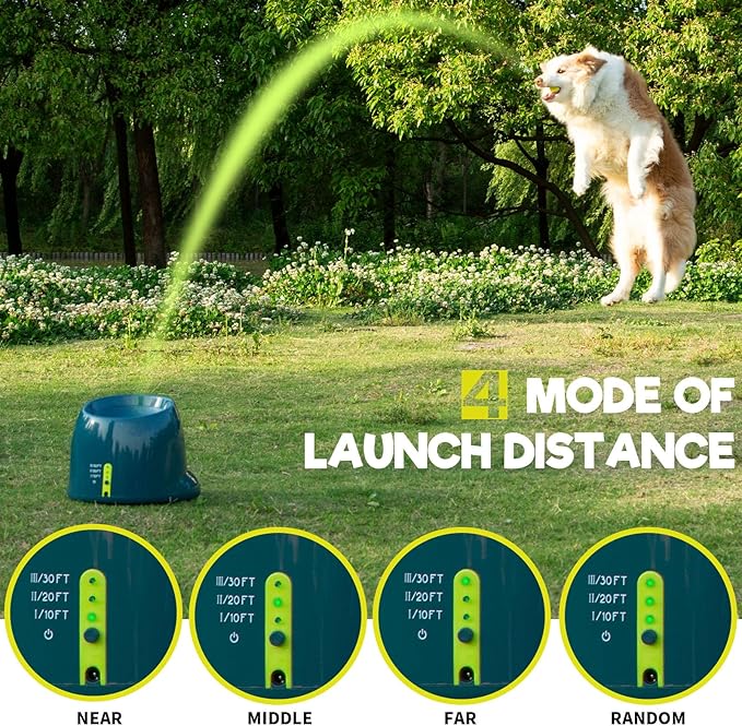 Automatic Ball Launcher, Adjustable Launch Distance, Including 6 Pack Small Sized Balls, Suitable for Small to Medium Sized Dogs (Blue)