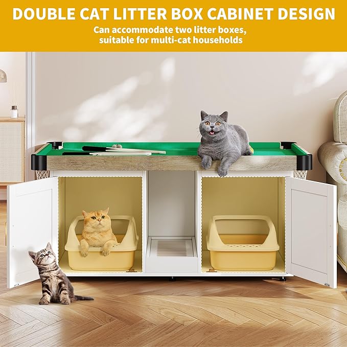 DWVO Cat Litter Box Enclosure for 2 Cats, Litter Box Enclosure Furniture Hidden with Double Room, 2-in-1 Wooden Cat Cabinet with Mini Pool Table Tower, 2 Feather Teaser Sticks & 8 Felt Balls, White