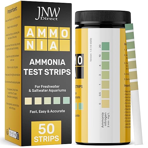 JNW Direct Ammonia Test Strips for Fish Tank - 50 Aquarium Test Strips, Saltwater & Freshwater Aquarium Test Kit, Accurate Aquarium Water Test Kit with Color Chart, Water Testing Kit Aquarium