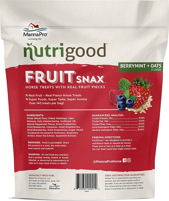 Manna Pro Nutrigood FruitSnax Horse Treats | Tasty Horse Treats Packed with Superfoods and Real Fruit Pieces | BerryMint + Oats Flavor | 2 Pounds