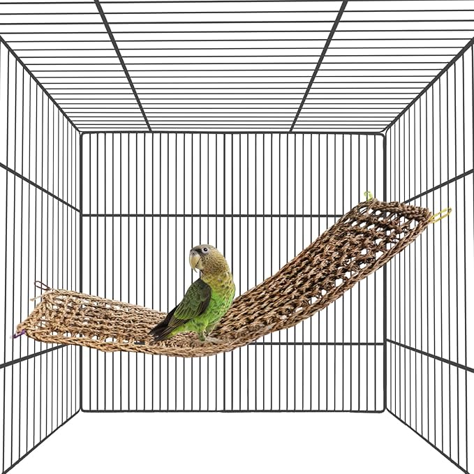 Bird Seagrass Mat 29.5"×7" Parrot Natural Grass Woven Net Hammock Hanging on Cage with Hooks Parakeet Climbing Rope Ladder Chew Toys for Pigeon Cockatiel Conure Budgie Cockatoo Rat