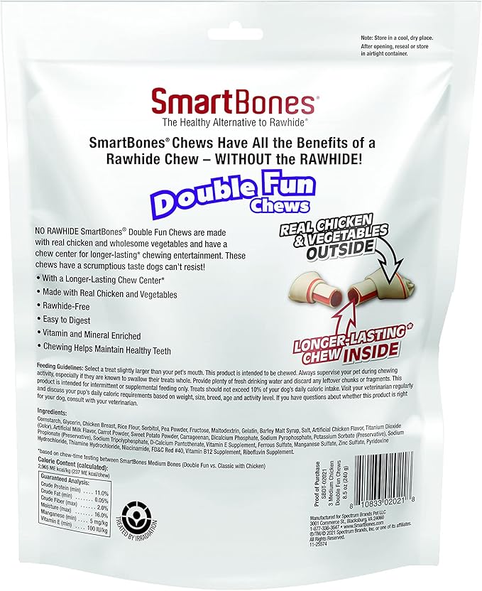 SmartBones DoubleTime Chews 3 Count, Medium, Rawhide-Free Chews For Dogs With Long-Lasting Chew Center