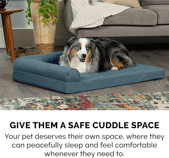 Furhaven Orthopedic Dog Bed for Large Dogs w/ Removable Bolsters & Washable Cover, For Dogs Up to 95 lbs - Pinsonic Quilted Paw L Shaped Chaise - Bluestone, Jumbo/XL