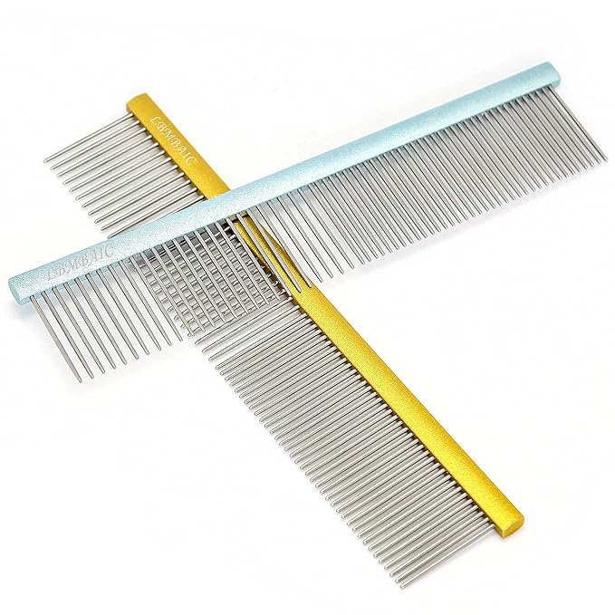 Professional Dog Grooming Comb For Shedding Tangles,Knots,Mats.Metal Dog Comb with Long and Wide Tooth Metal Comb for Long Hair Dogs and Cats.No Hurt Pets Skin.7.5INCHES.(Gold)-1PC