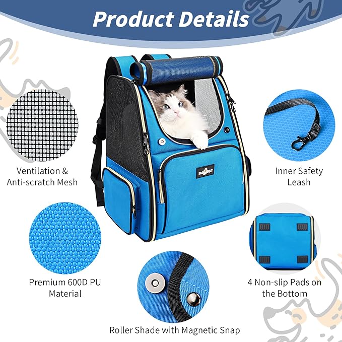 Cat Backpack Carrier, Expandable Pet Dog Backpack Carrier for Small Medium Cat Dog Under 20LBS, Ventilated Pet Backpack for Hiking Travel Outdoor Use, Blue