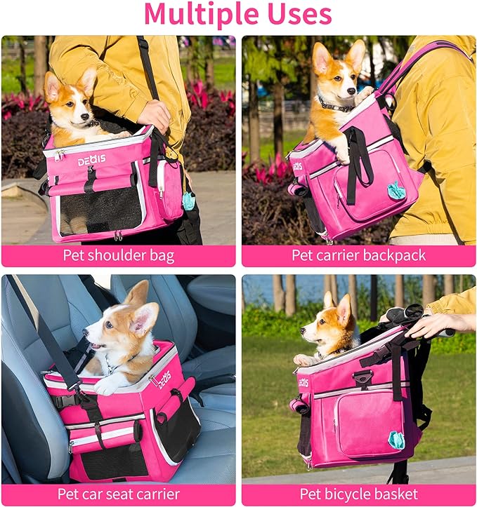 Dog Bike Basket, Dog Bike Carrier with Mesh Windows, Side storage pocket with poop bag dispenser, Reflective Tapes, Pet Backpack Carrier for Small Dogs Cats, Pink