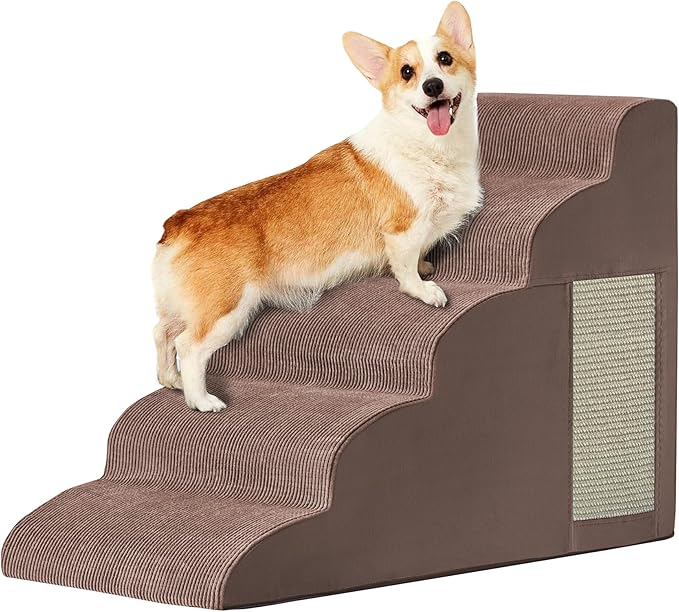 Pet stairs, Dog Stairs for Small Dogs, Dog Steps, 5-Step Curved Dog Ramp for Bed, Couch, Sofa, Car and Chairs, Non-Slip Bottom Design, Cat Scratching Board, High Density Foam Portable Pet Step, Coffee