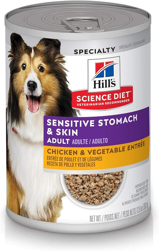 Hill's Science Diet Sensitive Stomach & Skin, Adult 1-6, Stomach & Skin Sensitivity Support, Wet Dog Food, Chicken & Vegetables Loaf, 12.8 oz Can, Case of 12