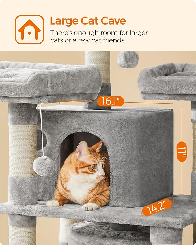 FEANDREA 67-Inch Multi-Level Cat Tree for Large Cats, with Cozy Perches, Stable, Light Gray UPCT18W