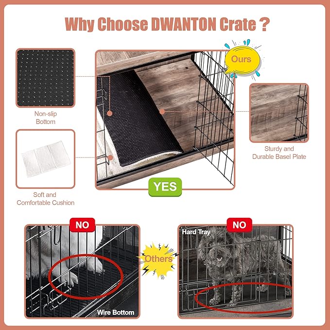 DWANTON Dog Crate Furniture with Cushion, Wooden Dog Crate with Double Doors, Dog Furniture, Indoor Dog Kennel，End Table, Medium, 32.5" L, Greige