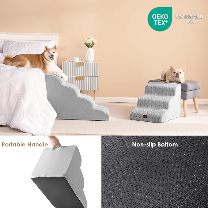 EHEYCIGA Curved Dog Stairs for High Beds 19.7" H, 4-Step Dog Steps for Small Dogs and Cats, Pet Stairs for High Bed Climbing, Non-Slip Balanced Pet Step Indoor, Light Grey