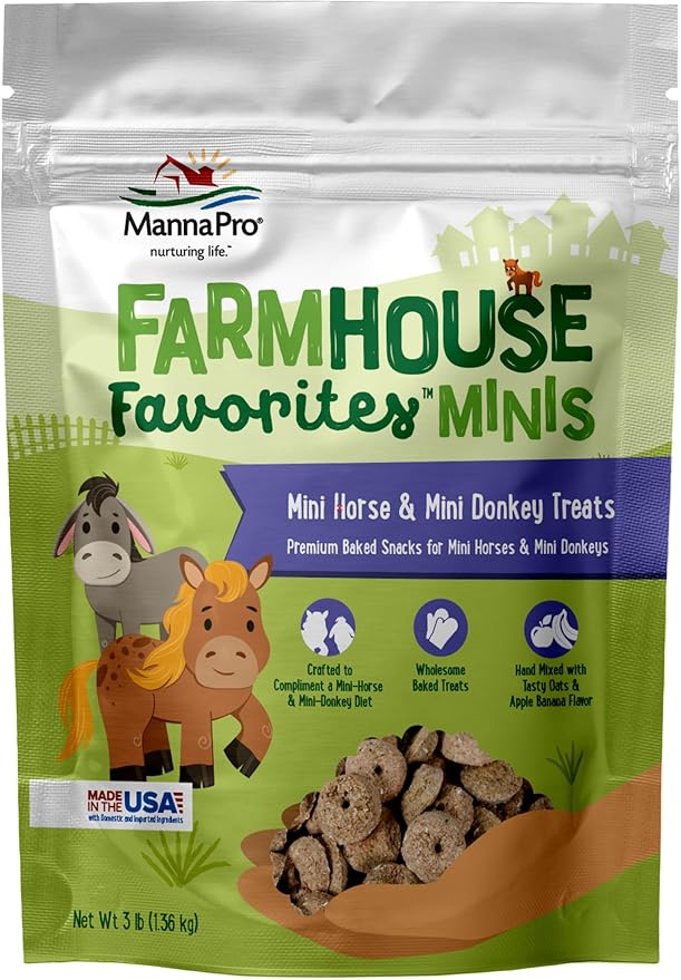 Manna Pro Farmhouse Favorites Mini Horse & Mini Donkey Treats –Baked Snack for Mini Horses & Mini Donkeys – Hand Mixed Treat – Oats, Apple & Banana Flavored – 3lb Bag