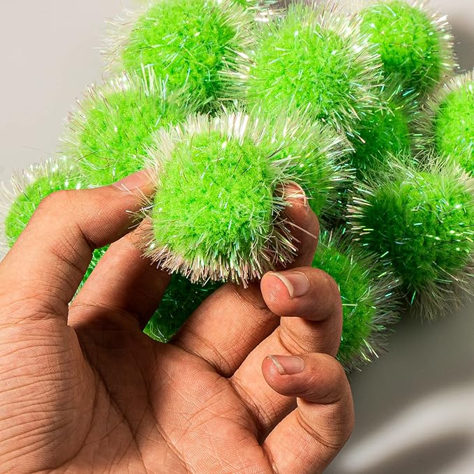 30 Pcs Cat Ball Toys Sparkle Balls Extra Large 2 Inch Cat's Favorite Chase Glitter Ball Glitter Tinsel Pom Poms Balls Green Color