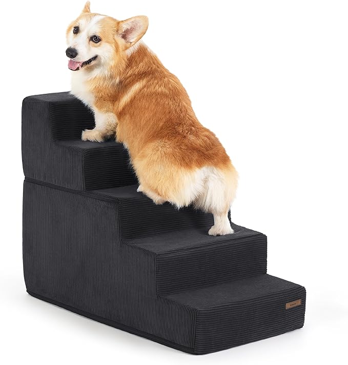 Lesure Dog Stairs for Small Dogs - Pet Stairs for Beds and Couch, Folding Pet Steps with CertiPUR-US Certified Foam for Cat and Doggy, Non-Slip Bottom Dog Steps, Black, 5 Steps