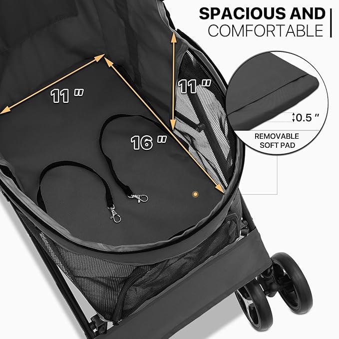 MoNiBloom 4 Wheels Pet Stroller, Easy-Fold Puppy Cage Jogger Stroller with Sun Cover, Pad and Rear Storage Bag, Breathable and Visible Mesh for Small/Medium Pets up to 22 lbs, Balck
