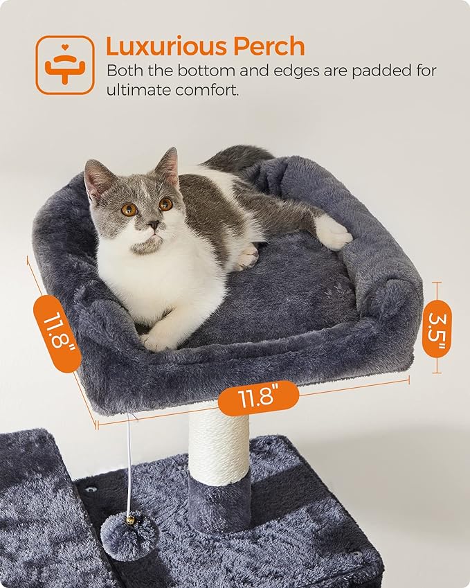 FEANDREA Cat Tree, Large Cat Tower, 64.6 Inches, Cat Activity Center with Hammock, Basket, Removable Fur Ball Sticks, Cat Condo, Smoky Gray UPCT087G01