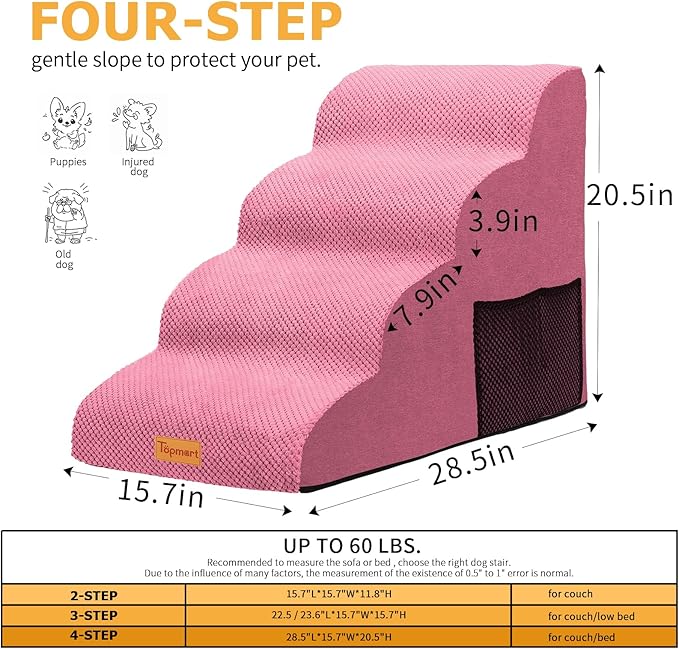 Topmart High Density Foam Dog Steps 4 Tiers,Extra Wide Deep Pet Steps, Non-Slip Pet Stairs,Dog Ramp for Bed,Soft Foam Dog Ladder,Best for Older Dogs Injured,Older Pets,Cats with Joint Pain,Color Pink