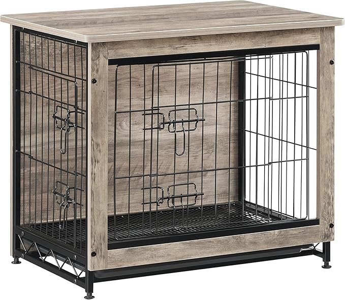 Feandrea Dog Crate Furniture, Side End Table, Modern Kennel for Dogs Indoor up to 30 lb, Heavy-Duty Dog Cage with Multi-Purpose Removable Tray, Double-Door Dog House, Greige UPFC001G01