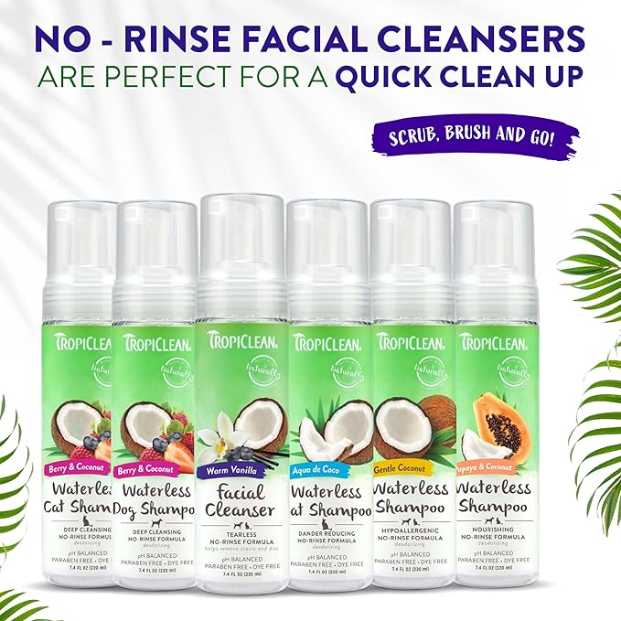 TropiClean Warm Vanilla Waterless Facial Cleanser for Dogs | Dog Foam Face Wash | Dog Face Wash Derived from Natural Ingredients | Cat Friendly | Made in the USA | 7.4 oz.