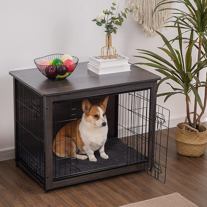 DWANTON Dog Crate Furniture with Cushion, Medium Wooden Dog Crate with Double Doors, Dog Furniture, Indoor Dog Kennel, End Table, Medium, 32.5" L, Dark Grey