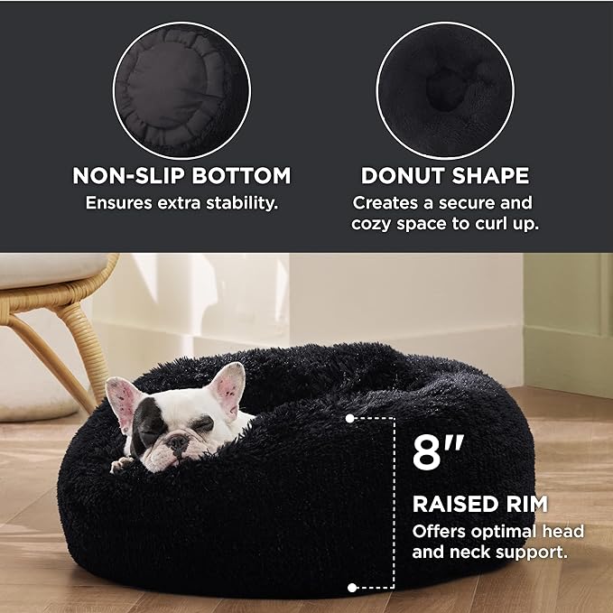 Bedsure Calming Dog Bed for Small Dogs - Donut Washable Small Pet Bed, 23 inches Anti-Slip Round Fluffy Plush Faux Fur Large Cat Bed, Fits up to 25 lbs Pets, Black