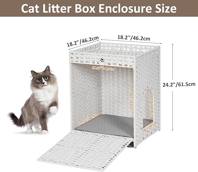 Cat Litter Box Enclosure with Soft Litter Mat; Hidden Cat Washroom Furniture with Door; Handwoven Rattan Cat House; Pet Crate for Living Room, Bedroom, Balcony (White)