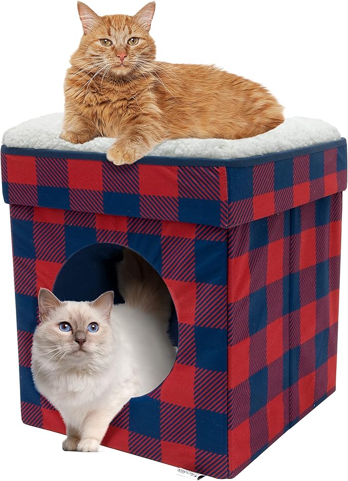 Kitty City Large Cat Bed, Stackable Cat Cube, Indoor Cat House/Cat Condo, Cat Scratcher, Red, (CM-10168)