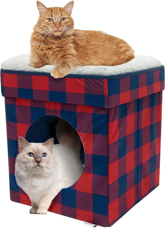 Kitty City Large Cat Bed, Stackable Cat Cube, Indoor Cat House/Cat Condo, Cat Scratcher, Red, (CM-10168)