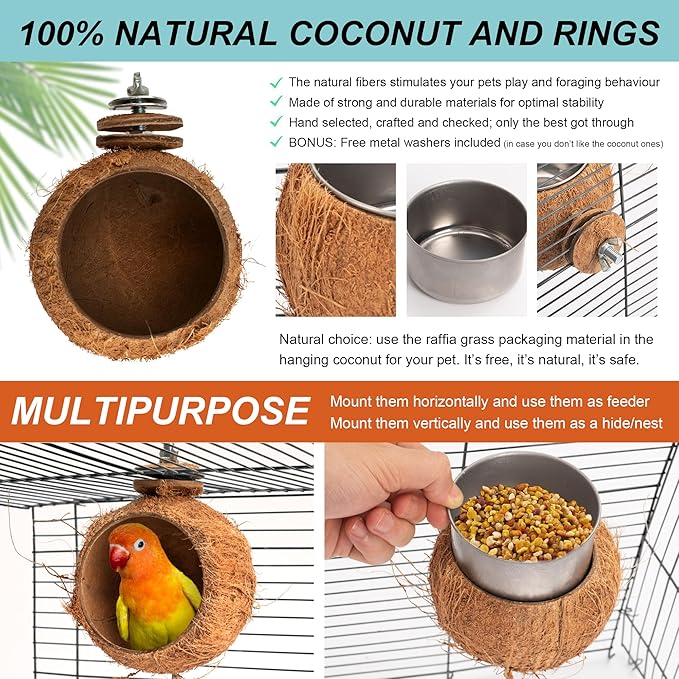 WOODSTICK Coconut Bird Feeder for Cage with Clamp - Removable Stainless Steel Bowls for Happy Birds! Hangable Bird Bowl in Cages - Perfect for Parakeets, Parrots, and Small Animals - 2-pack