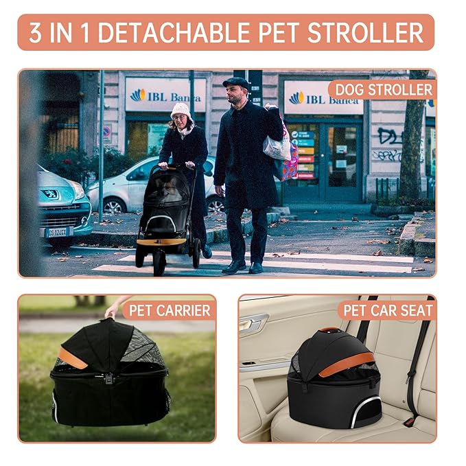 Dog Stroller for Medium Small Dogs, 3in1 Pet Stroller Zipperless Dog Cat Jogger Stroller 3 Wheels with Detachable Dog Carriage, Storage Basket and One-Button Folding Frame for Pets Walk-Black