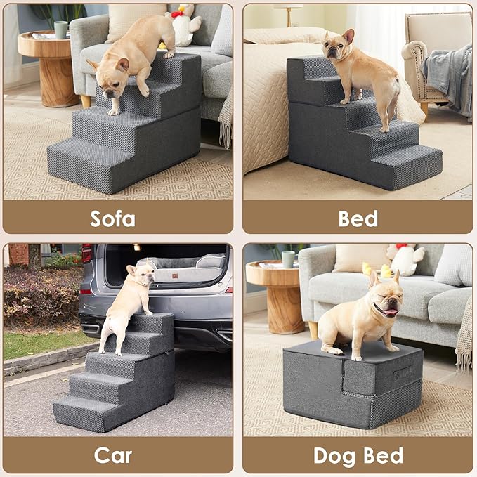 EHEYCIGA Dog Stairs for Small Dogs 13.5" H, 3-Step Dog Steps for Couch Sofa and Chair, Pet Steps for Small Dogs and Cats, Non-Slip Balanced Dog Indoor Ramp, Grey