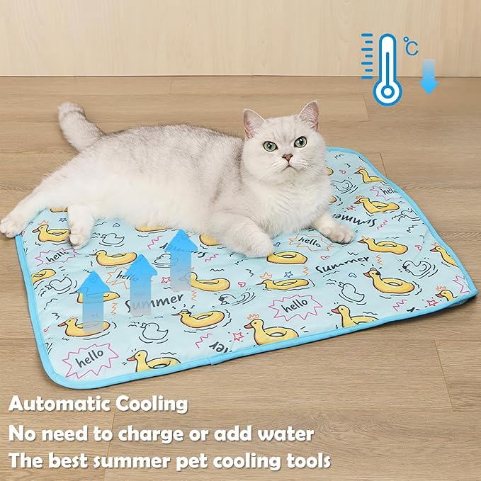 BAMY Cat Cooling Mat Summer Dog Silk Pad Self Cooling Cushion Washable Kitten Ice Blanket with Duck Strawberry Pattern (Blue Duck, L (39.4"x27.6"))