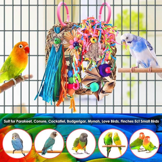 KATUMO Conure Toys, Bird Grass Mat Parakeet Shredder Hanging Toys Cockatiel Foraging Toys Parrot Climbing Wall Toys Lovebird Cage Toys for Small Birds