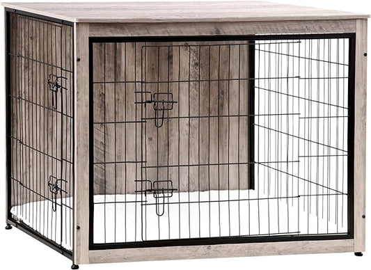 DWANTON Dog Crate Furniture with Cushion, XL Wooden Dog Crate with Double Doors, Large Dog Crate Furniture, Dog Kennel Indoor, Dog House, Extra Large, 43.3" L, Greige