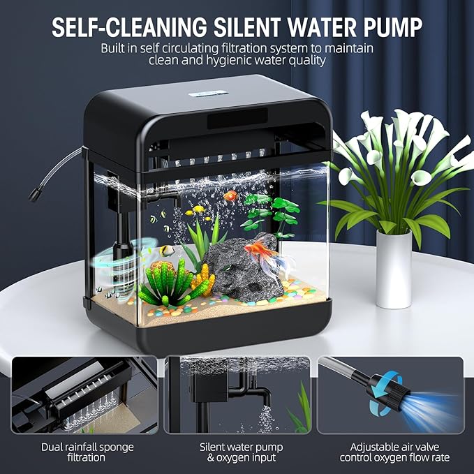 Fish Tank Aquarium 2.2 Gallon with Adjustable 3 Color Lighting Self Cleaning 3 in 1 Pump with Filteration, Oxygenation, Water Circulation Triple Function, HD Float Glass, Leak-Proof Thickened Base